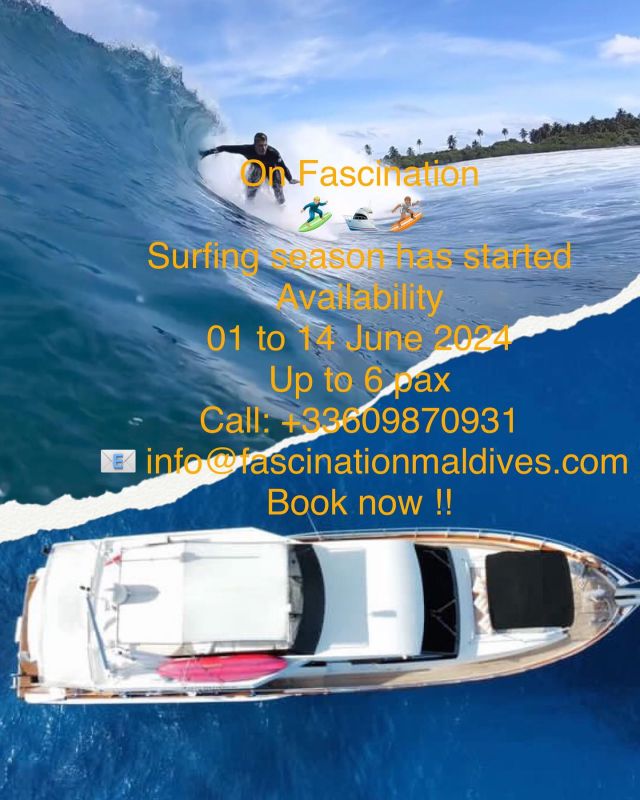 🤙 Still looking for your surf trip for this season 🏄🏼‍♂️
What about The Maldives 🇲🇻 
On a private luxury yacht 🛥️ 
⚓️ Fascination ⚓️

Routes:
 - Male atolls -
 - top of Central atolls -
 - Central atolls to Thaa - 
 - Central atolls to Laamu -
 - North Maldives atolls - 

Dates from 01 to 14 juin 2024
For 7 or 10 to 14 nights 
Up to 6 pax in 3 sharing cabins 
Full board meal plan / water / coffee 
Airport transfers 
Dinghy transfer and security to breaks
Excursions to desert islands and local islands 
Tax and green tax included 

Ask for a question by:
email 
📧 info@fascinationmaldives.com
Or call
📞 WhatsApp +33609870931 

www.fascinationmaldives.com

#surftrip #surfthewave #surfmaldivas #surf_maldives #surfbreak #surfing #surf #surfdude #surfcharter #surfpackages #surfmzgazine #surfmagazine #surfgetawaystribe #surfgetaways #womenwhosurf #surfbuddy #surfphotography #maldivessurf #maldivessurfing #maldivesparadise